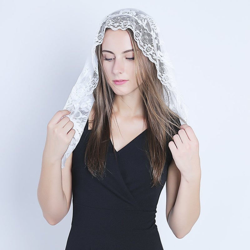 TREORSI Lace Mantilla Catholic Chapel Veil Head Covering Latin Mass (White) - Image 5